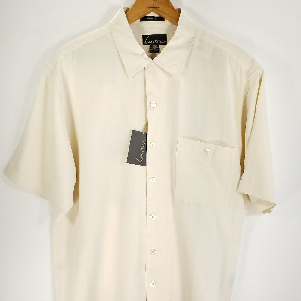 Luau Shirt Mens Medium Ivory Embroidered Wine Glasses Optimist Short Sleeve